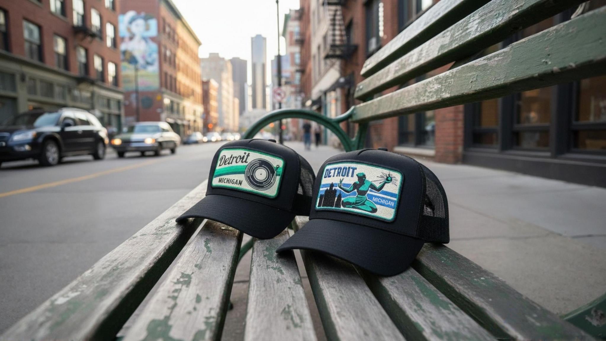 Two black baseball caps with patches on a bench in an urban setting